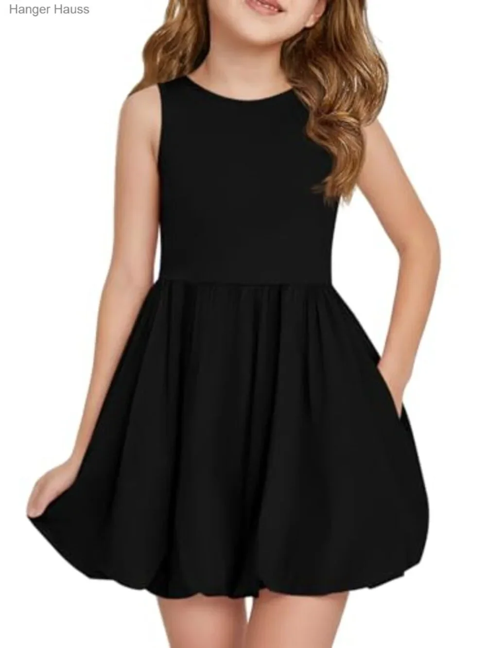 Girls Sleeveless Bubble Dress Crew Neck Tank Mini Dress with Pockets